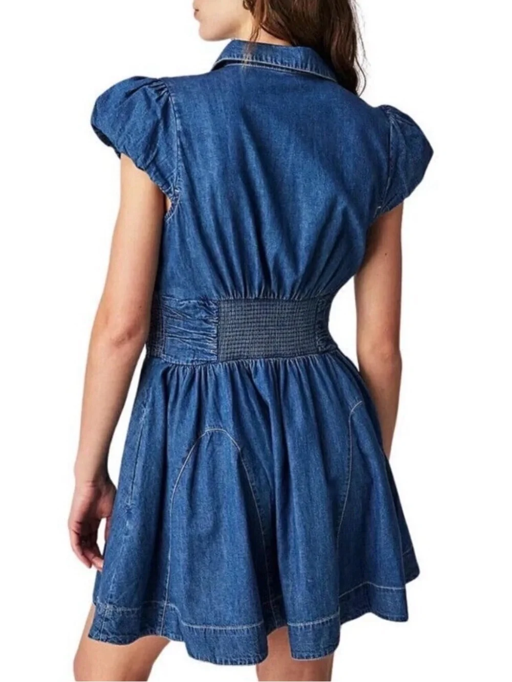 Free People Chester Denim Mini Dress Smocked Waist Small $128 - Picture 3 of 16